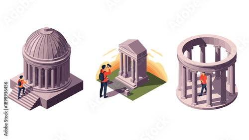 Tourists exploring ancient temples with dome and columns in isometric design