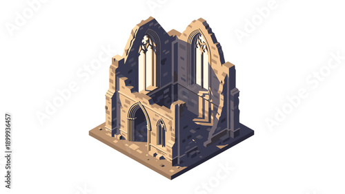 Ancient ruins of gothic church in isometric design revealing architectural beauty