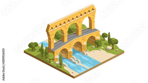 Isometric roman aqueduct with flowing river and lush greenery