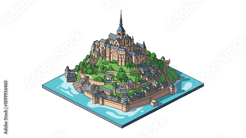 Isometric medieval island town with castle and surrounding walls on water