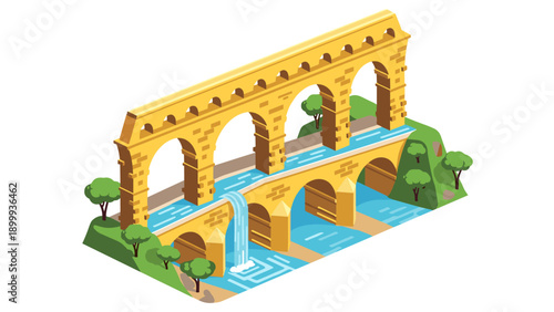 Isometric roman aqueduct with flowing water and greenery