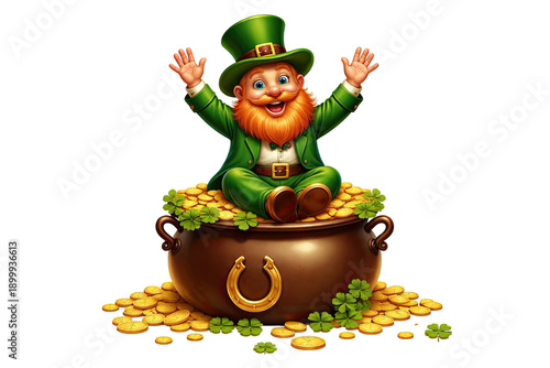 Cheerful leprechaun sitting on overflowing pot of gold coins with clovers festive Saint Patrick celebration illustration isolated on transparent background 