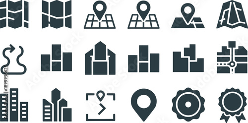 Map and location icon set with navigation pins city buildings routes and geographic interface symbols vector illustrations isolated