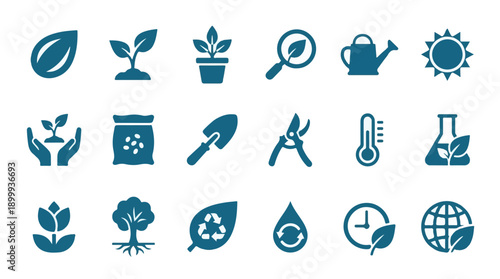 Environmental and Gardening Icons Set: Plants, Tools, Nature