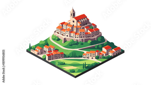 Charming isometric medieval village with church on hilltop