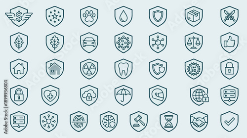 Security and protection shield icons set for safety, insurance, and data