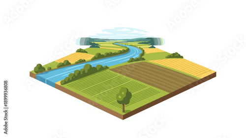Isometric farmland landscape with river and fields in pastel tones