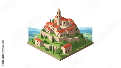 Charming italian village on hilltop with red roofs and lush greenery