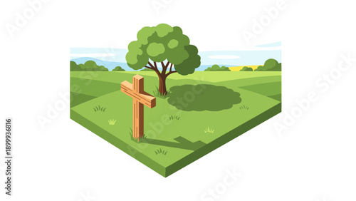 3d isometric peaceful park with wooden cross and lush greenery