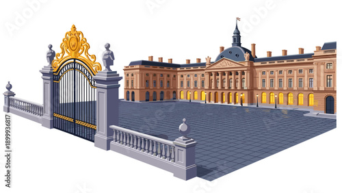 Elegant french palace with ornate iron gate and historic architecture