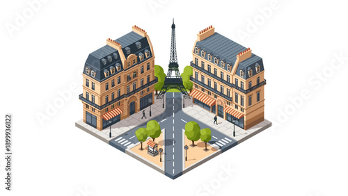 Isometric paris street scene with eiffel tower and classic architecture