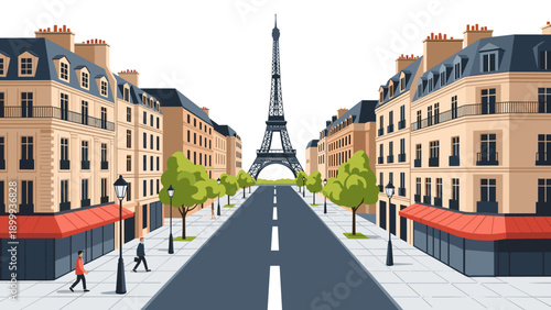 Charming parisian street leading to eiffel tower on a sunny day