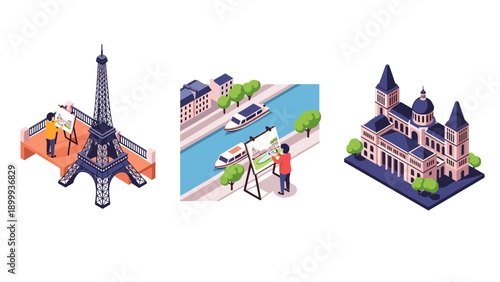 Isometric cityscapes: eiffel tower, river scene, historic building