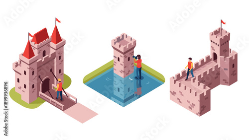 Medieval castles and towers with people in isometric style