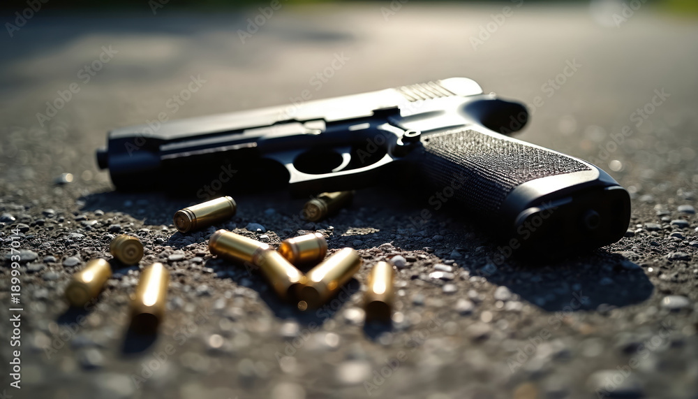 Fototapeta premium Handgun, shell casings lay scattered on asphalt pavement. This scene suggests violent incident. Evidence is left behind on road surface. Crime investigation requires careful examination of this area.