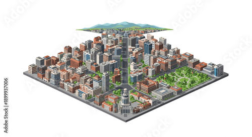 Isometric urban cityscape with skyscrapers and parks in a modern metropolis