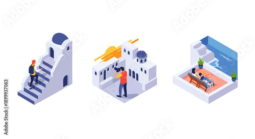 Greek island scenes with white architecture and seaside views in modern isometric style