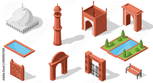 Isometric monuments of india collection on a white background