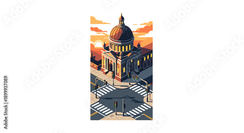 Isometric urban intersection with historic dome at sunset