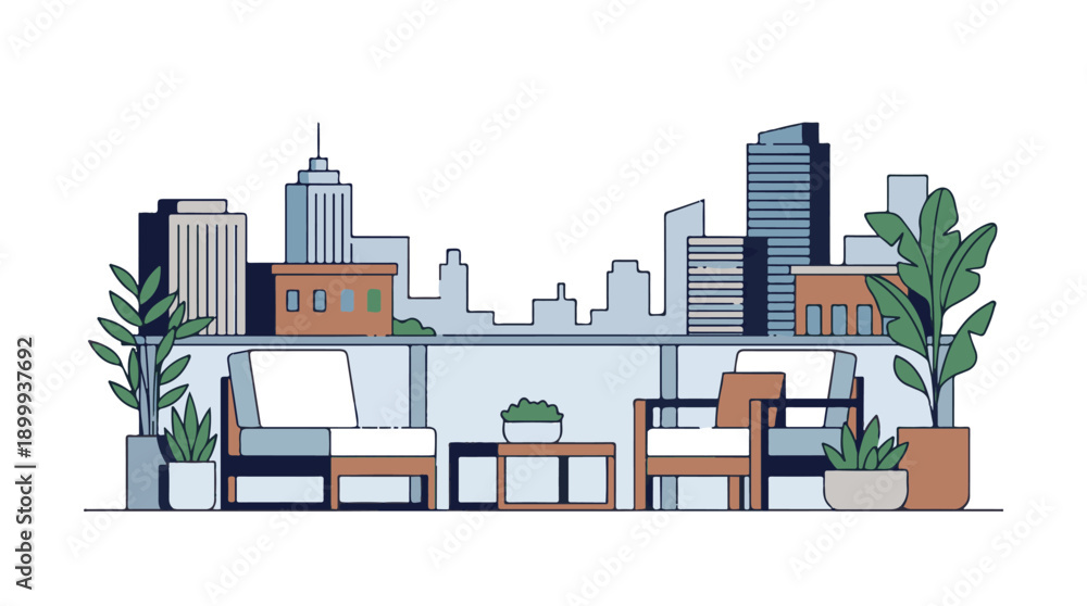 Fototapeta premium Flat design illustration of modern cityscape view from apartment balcony