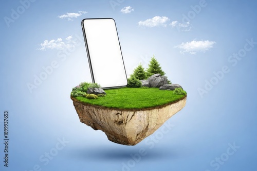 Smartphone mockup standing on floating grass island with trees eco technology sustainability concept clean environment background