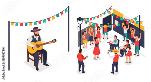 Isometric street festival with musicians and dancers celebrating outdoors