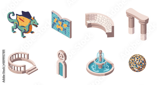 Isometric fantasy elements: dragon, architecture, and fountain