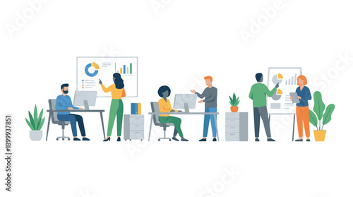 Diverse business team collaborating and analyzing data in an office environment