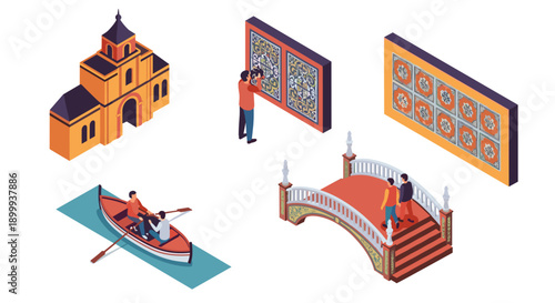 Isometric landmarks and activities: art, architecture, boating, and bridges