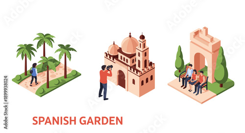 Isometric spanish garden: scenic walk, iconic architecture, relaxation spots