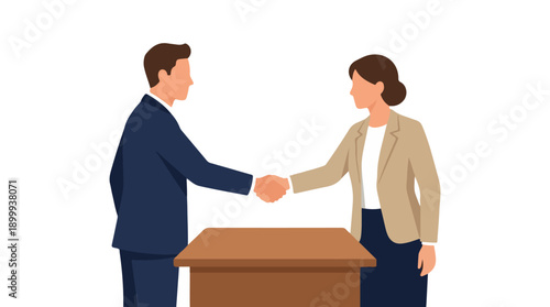 Two diverse business people shaking hands over a desk, illustration