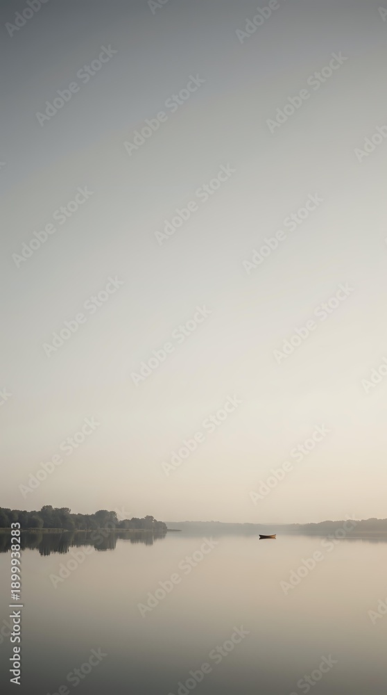 Fototapeta premium Serene lake at dawn with lone boat and misty atmosphere creating peaceful morning landscape for meditation and wellness content.
