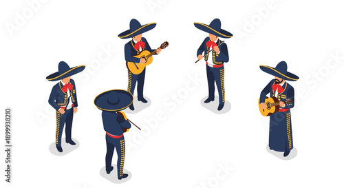 Isometric mariachi band performing in traditional attire