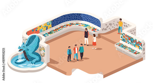 Isometric mosaic bench park scene with people and dragon fountain