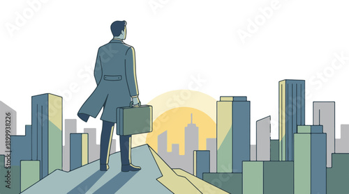 Businessman with briefcase stands on mountain peak overlooking city skyline