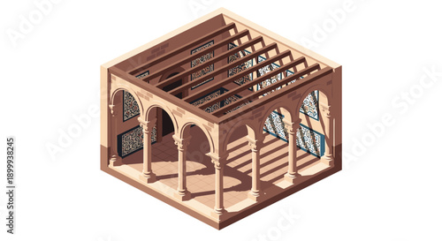 Isometric architectural design of traditional arched structure with intricate tile patterns