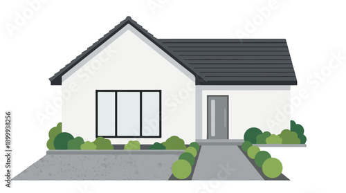Modern minimalist white house illustration with garden and driveway