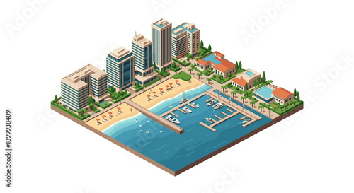 Isometric coastal cityscape with beachfront, modern architecture, and marina