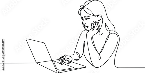 Woman with hand on chin using laptop continuous line