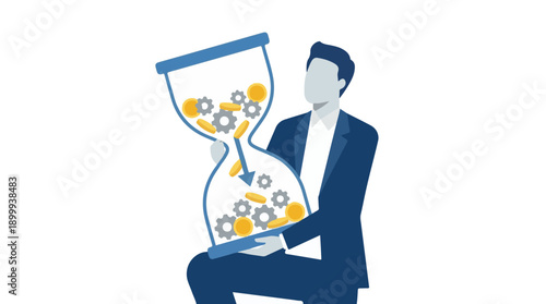 Business efficiency concept: man holds hourglass with coins and gears