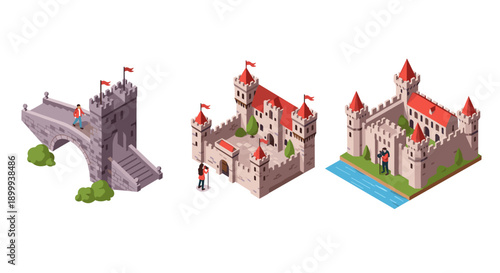 Isometric medieval castles and bridge with red flags and characters