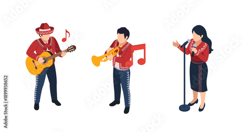 Colorful isometric mariachi band playing instruments and singing