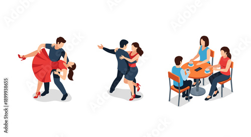 Romantic dance and coffee date in isometric style