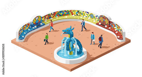 Isometric park scene with mosaic fountain and walking people