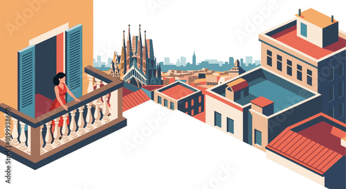 Cityscape with rooftops and woman on balcony in vibrant isometric style
