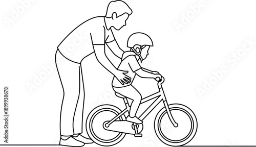 Father teaching child to ride bicycle line riding