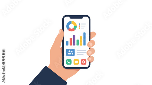 Hand holding mobile phone with business analytics charts and app icons