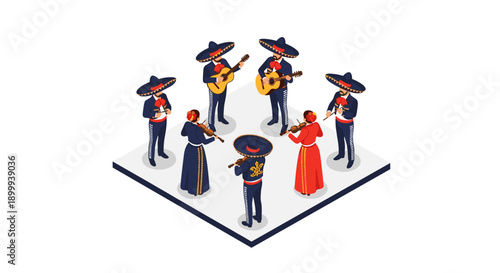 Musicians performing mariachi music in traditional attire with instruments