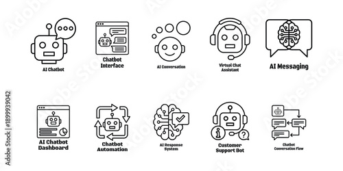 Black and white line of A I chatbots and messaging concepts AI chatbot interface AI conversation des