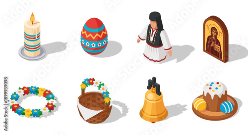 Traditional easter icons in festive isometric style